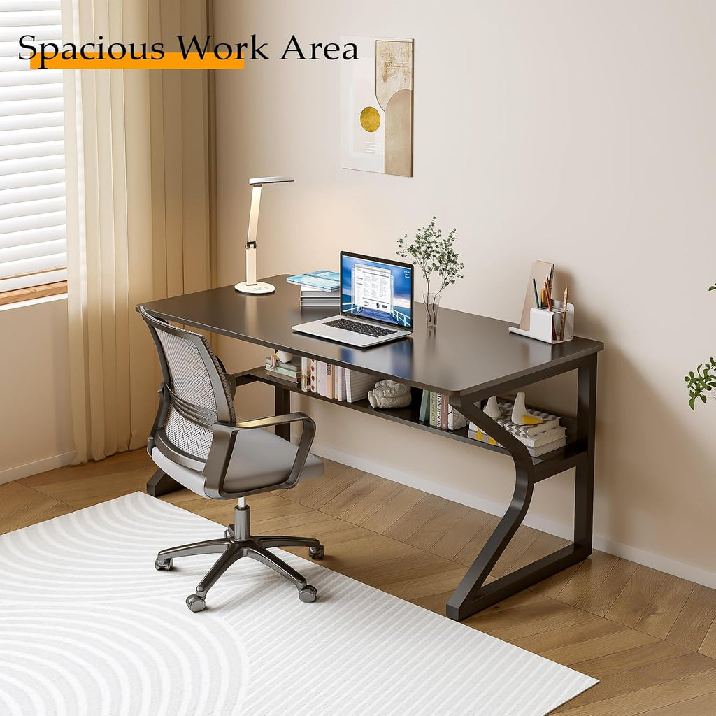 OSCHF Office Desk with Storage Shelf - 47.3' Long Writing Table for Single-Person Workstation, Modern Study Gaming Computer Desk, Black