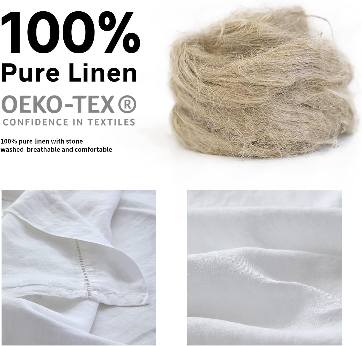 Simple&Opulence 100% Linen Hollow Hemstitch Sheet Set -4 Pieces European Flax Pure Washed Bed Sheets (1 Flat Sheet, 1 Fitted Sheet,2 Pillowcases) -Breathable and Soft (Hemstitch White,Queen)