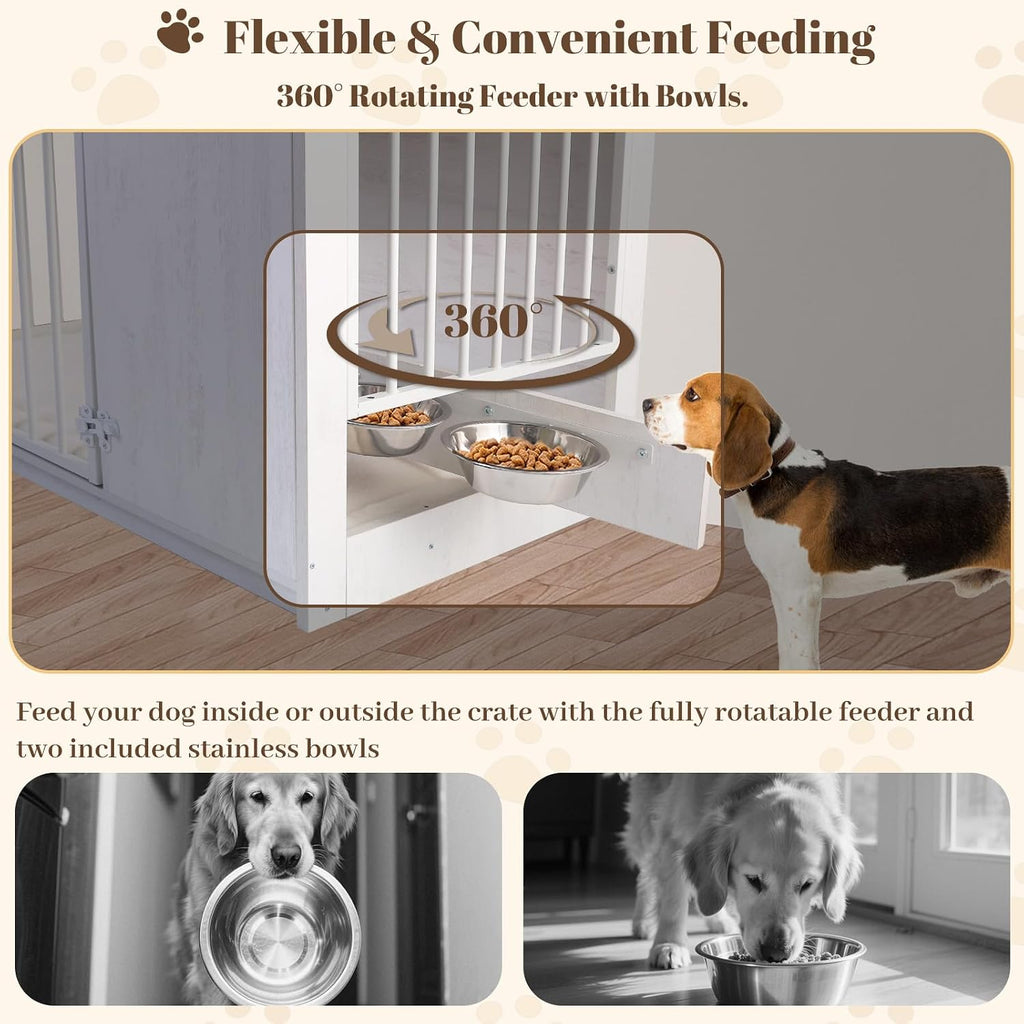 TBWIND Dog Crate Furniture for Large Dogs, 36' Indoor Wooden Dog Kennel with 270° Swivel Door & 360° Rotating Feeder, Decorative Heavy Duty Dog House with Double Locks & Bowls, White