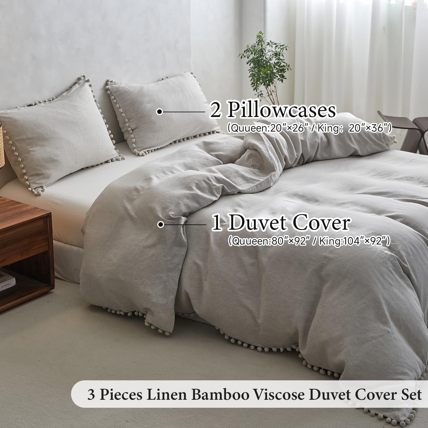 Simple&Opulence French Linen Blended Duvet Cover King, Flax Viscose Derived from Bamboo Bedding Set with Pom Pom Trim Soft Cooling for Hot Sleepers, 1 Boho Comforter Cover and 2 Pillow Shams, Linen