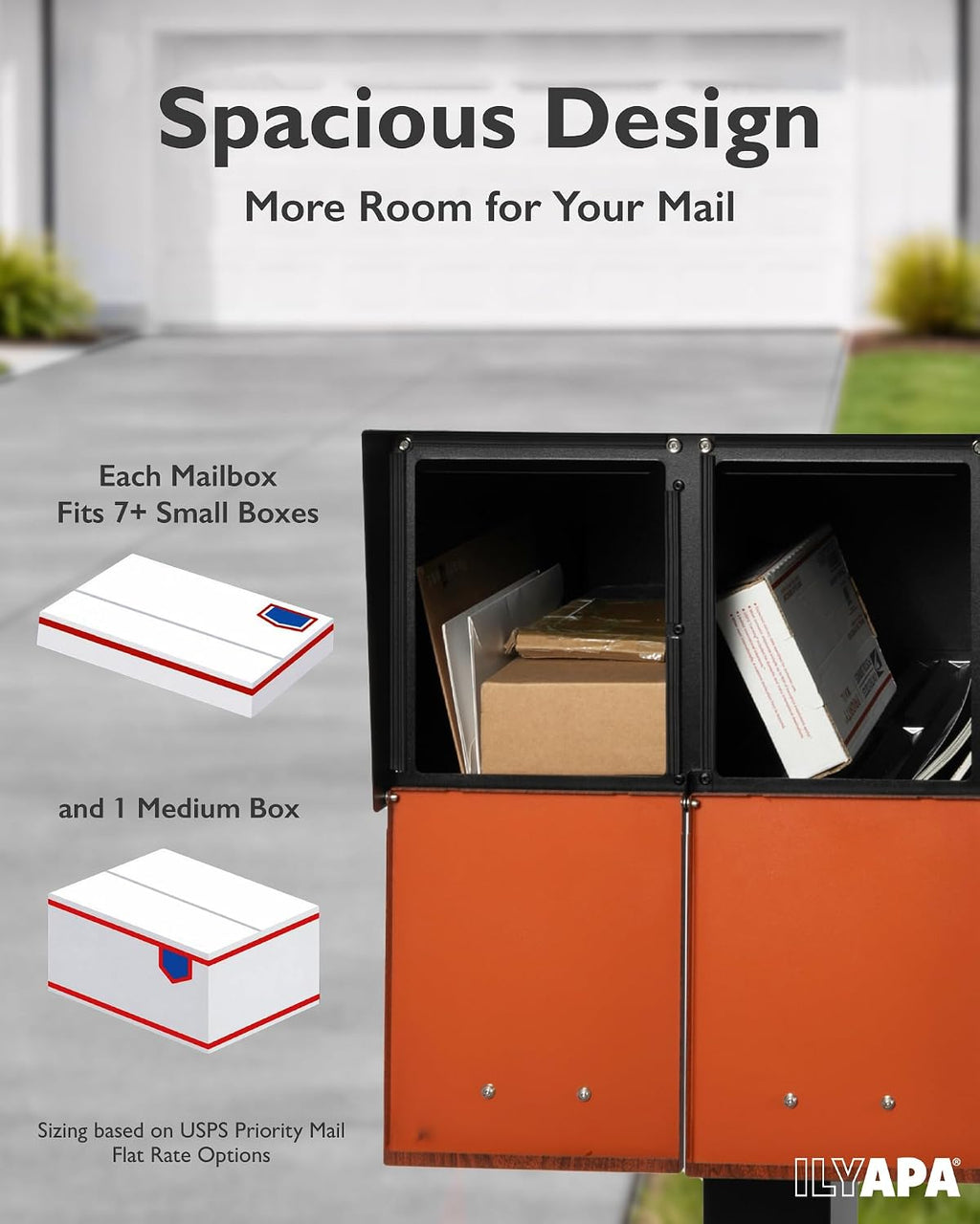 Ilyapa Black Double Mailbox, Post Mount Mailboxes for Outside- Two Sided Mail Box for 2 Houses with Standard Single Mounting, Door Numbering Kit, Outdoor All Weather with Magnetic Doors