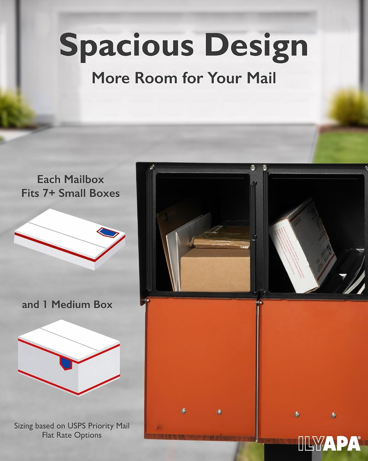 Ilyapa Black Double Mailbox, Post Mount Mailboxes for Outside- Two Sided Mail Box for 2 Houses with Standard Single Mounting, Door Numbering Kit, Outdoor All Weather with Magnetic Doors