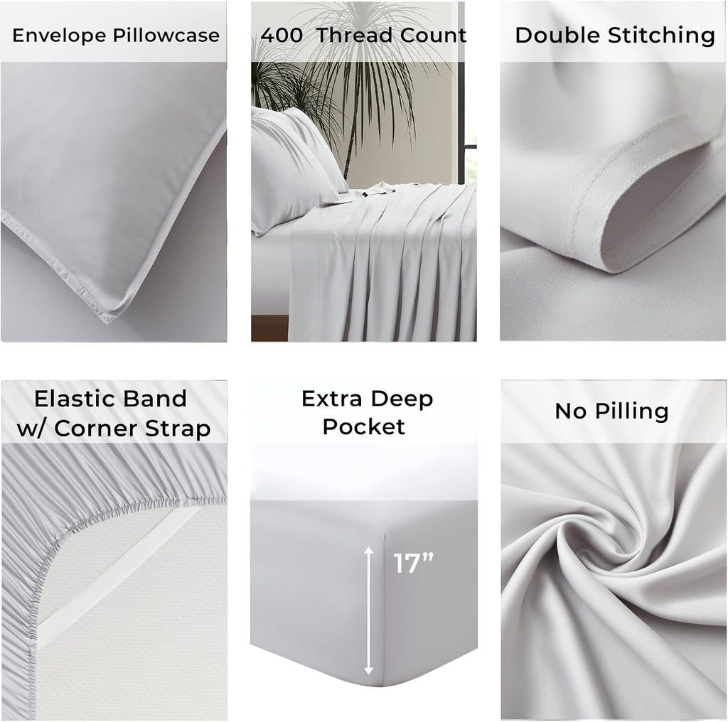 Luxury Bamboo Market | Queen Size Bed Sheet Set | 100% Viscose Made from Bamboo | Organically Grown | Ultra Soft | Cooling Sheets for Hot Sleepers | 17' Deep Pocket [Dove Grey]