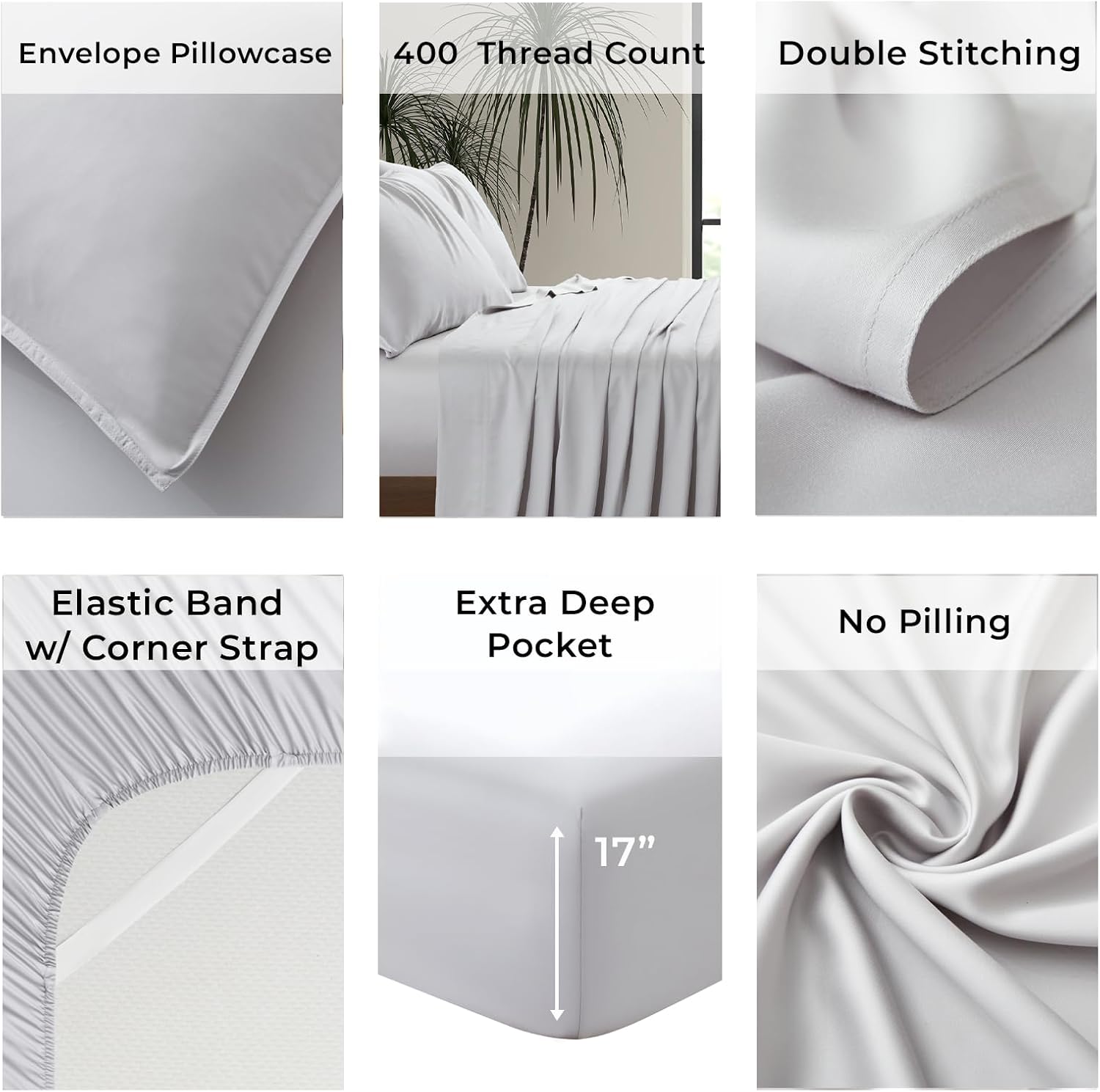 Luxury Bamboo Market | Queen Size Bed Sheet Set | 100% Viscose Made from Bamboo | Organically Grown | Ultra Soft | Cooling Sheets for Hot Sleepers | 17' Deep Pocket [Dove Grey]