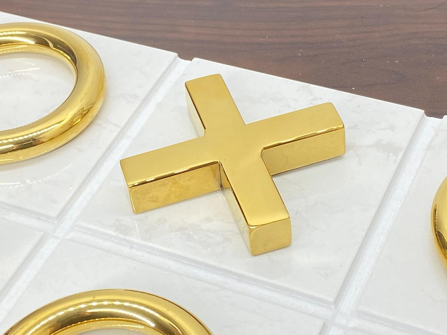 Marble Tic Tac Toe Game for Living Room Decor Centerpiece White and Gold XO with White Marble and Gold Color Stainless Steel Decorative Table Top X/O Board Coffee Table Décor