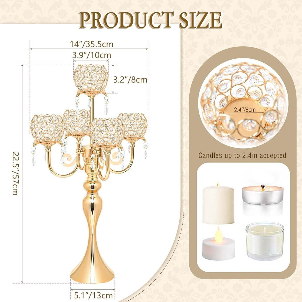 4Pcs 22 Inch Tall 5-Arm Gold Elegant Crystal Candelabra – Fancy Looking Candle Holder, Perfect for Your Table Centerpiece, Wedding & Christmas Dinner Party Events, Home Decor