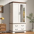 LIKIMIO Armoire Wardrobe Closet with Mirror, 70.1' Wooden Clothing Storage Cabinet with 2 Doors & 2 Drawers, Modern Bedroom Freestanding Wardrobe Combination with Hanging Rod, Cherry with White