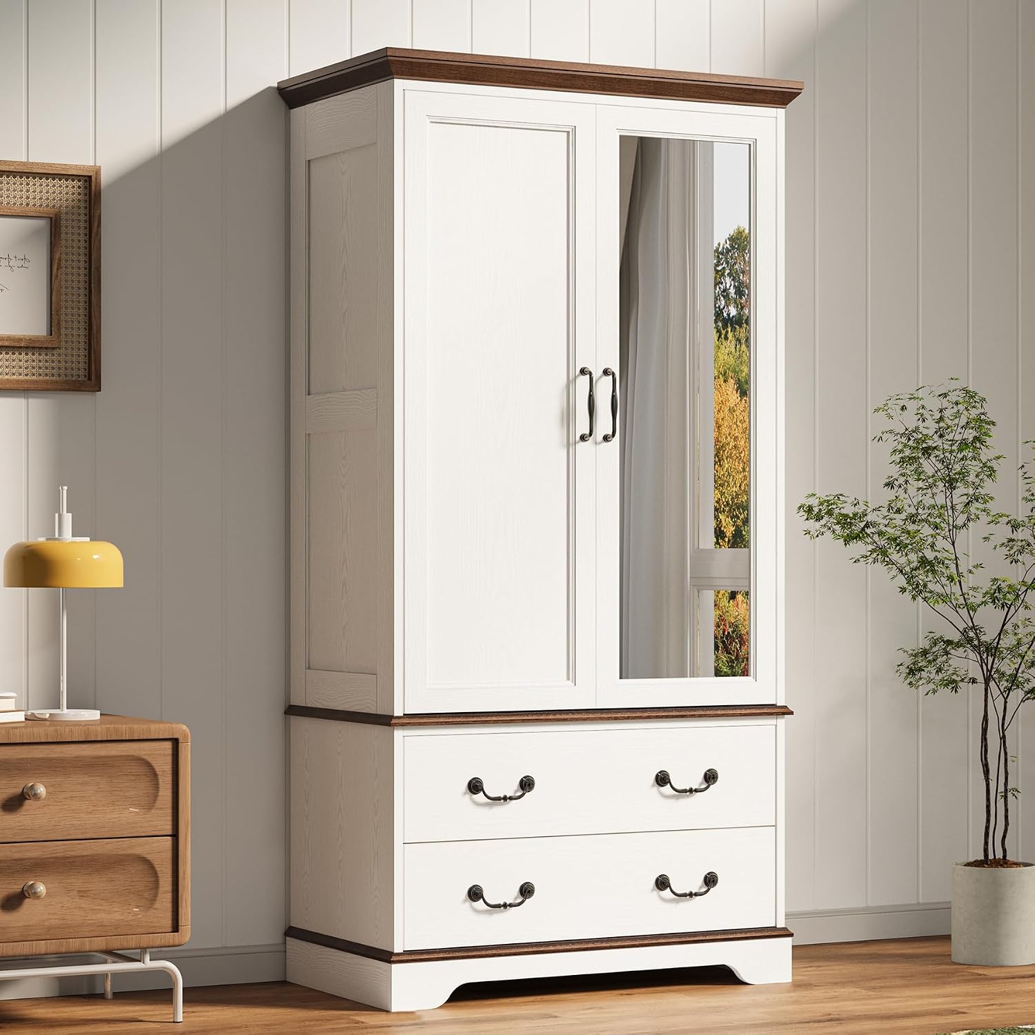 LIKIMIO Armoire Wardrobe Closet with Mirror, 70.1' Wooden Clothing Storage Cabinet with 2 Doors & 2 Drawers, Modern Bedroom Freestanding Wardrobe Combination with Hanging Rod, Cherry with White