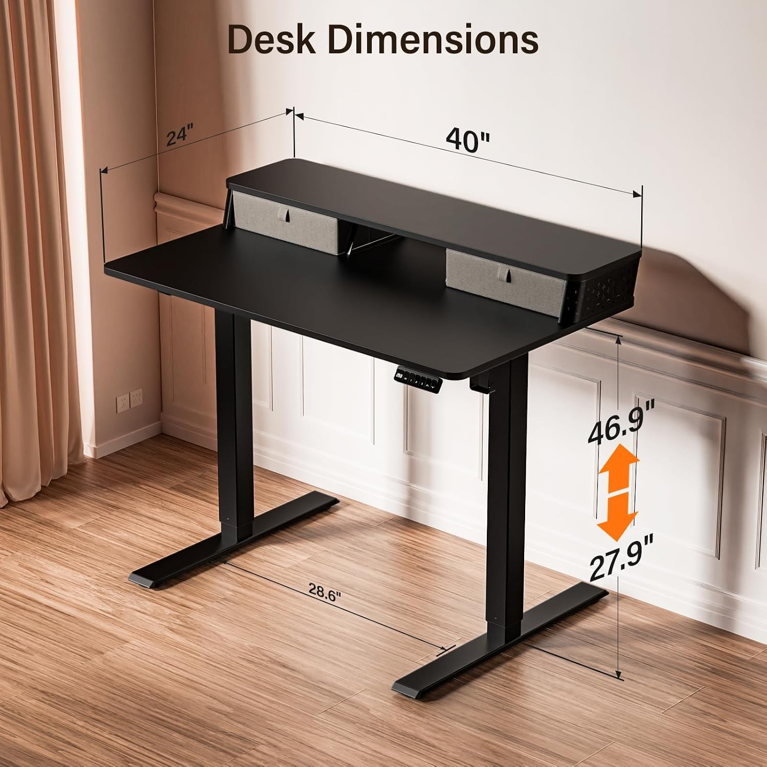 Kingant 40 x 24 Inch Small Electric Standing Desk with Dual Drawers, Height Adjustable Sit to Stand Computer Desk with Storage Shelf and C-Clamp Mount Compatibility for Home Office, Black