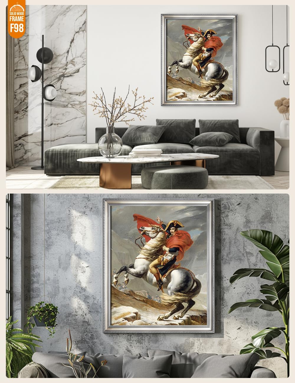 DECORARTS - Napoleon Crossing The Alps by Jacques Louis David Art Reproduction. Oversize Solid Wooden Frame Matching with Giclee Prints Canvas Wall Art. Total Size: W 35' x H 43'