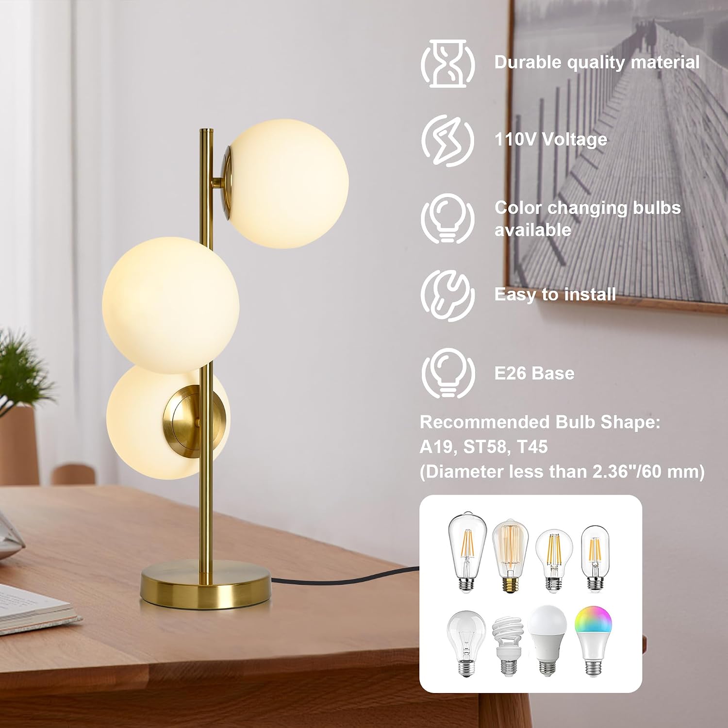 Modern Gold Globe Table Lamp, Mid-Century 3-Light Desk Lamp with 5.9' Frosted Milk Glass Shade, Brass Metal Base Bedside Nightstand Lamp for Bedroom, Living Room, Office
