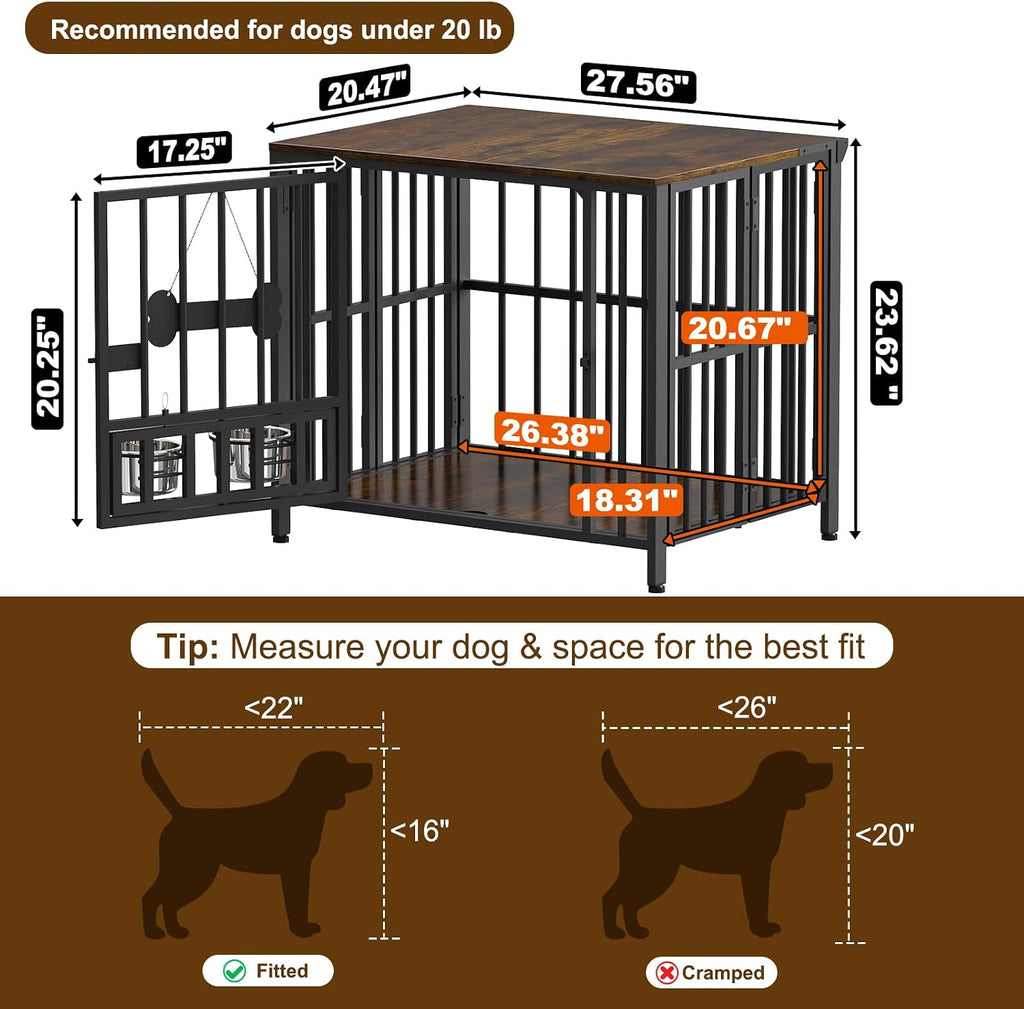 Easycom 27' Dog Crate Furniture Foldable, No Assembly Decorative Dog Kennel Indoor, Dog Crates for Small Dogs (Under 20 lb), Wooden Dog Cage with Adjustable Bowls and Name Tag, End Table, Rustic Brown