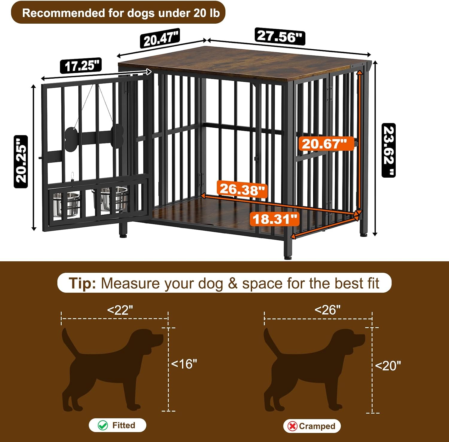 Easycom 27' Dog Crate Furniture Foldable, No Assembly Decorative Dog Kennel Indoor, Dog Crates for Small Dogs (Under 20 lb), Wooden Dog Cage with Adjustable Bowls and Name Tag, End Table, Rustic Brown