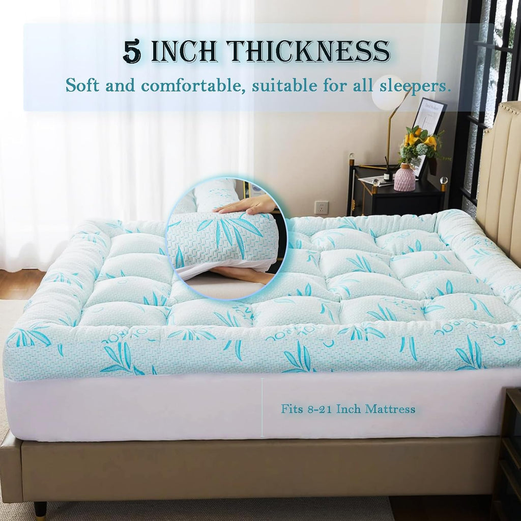WhatsBedding 5 Inch Full Mattress Topper Breathable Bamboo Viscose Air Layer,Memory Foam Mattress Topper Full Size Blue.