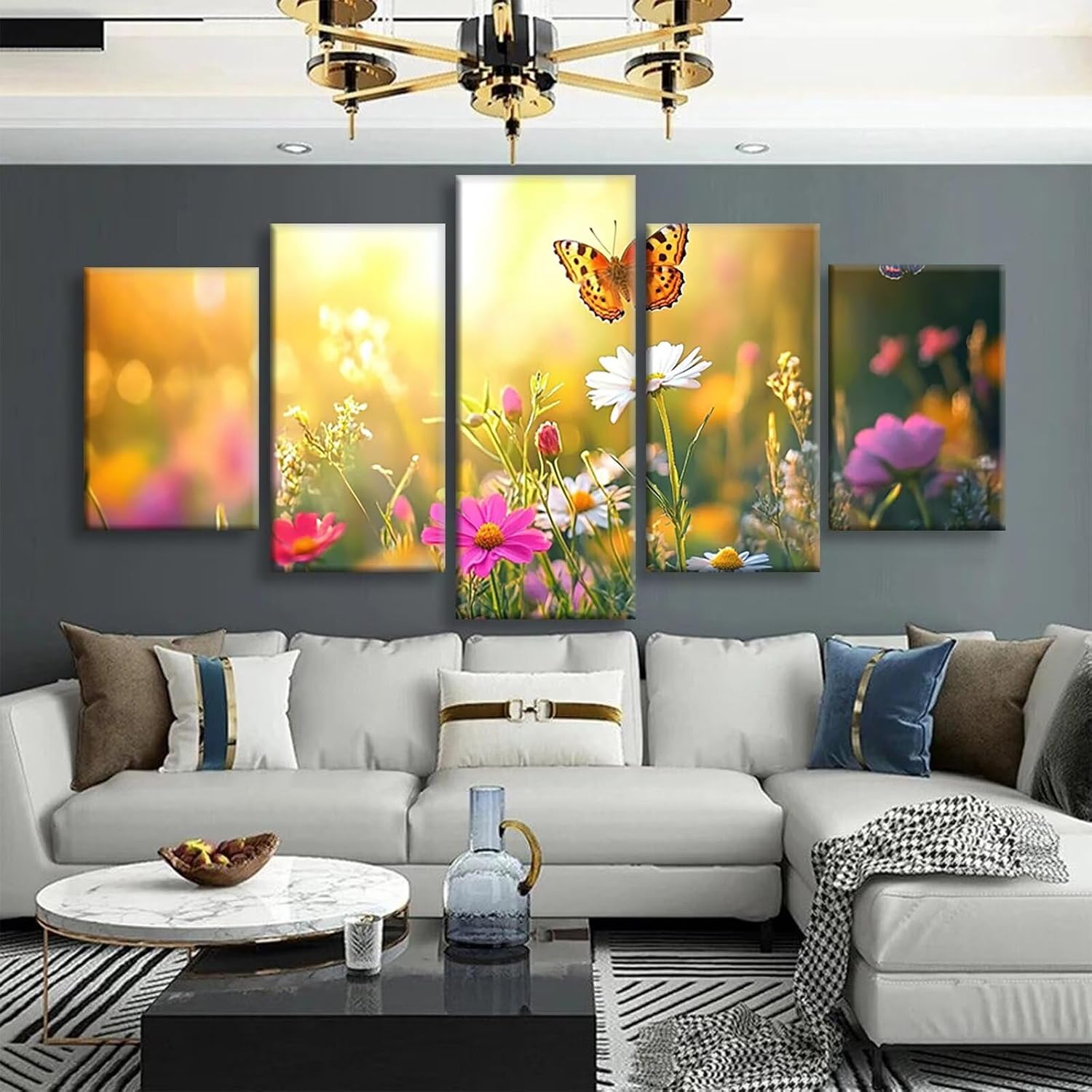 Flowers Diamond Art 5 Piece Diamond Painting Landscape 5D Full Square Drill Dimond Art Paintings Crystal Crafts for Adults Gem Painting for Home Decor, Large Artwork for Wall 48 x 100 Inch, Model456