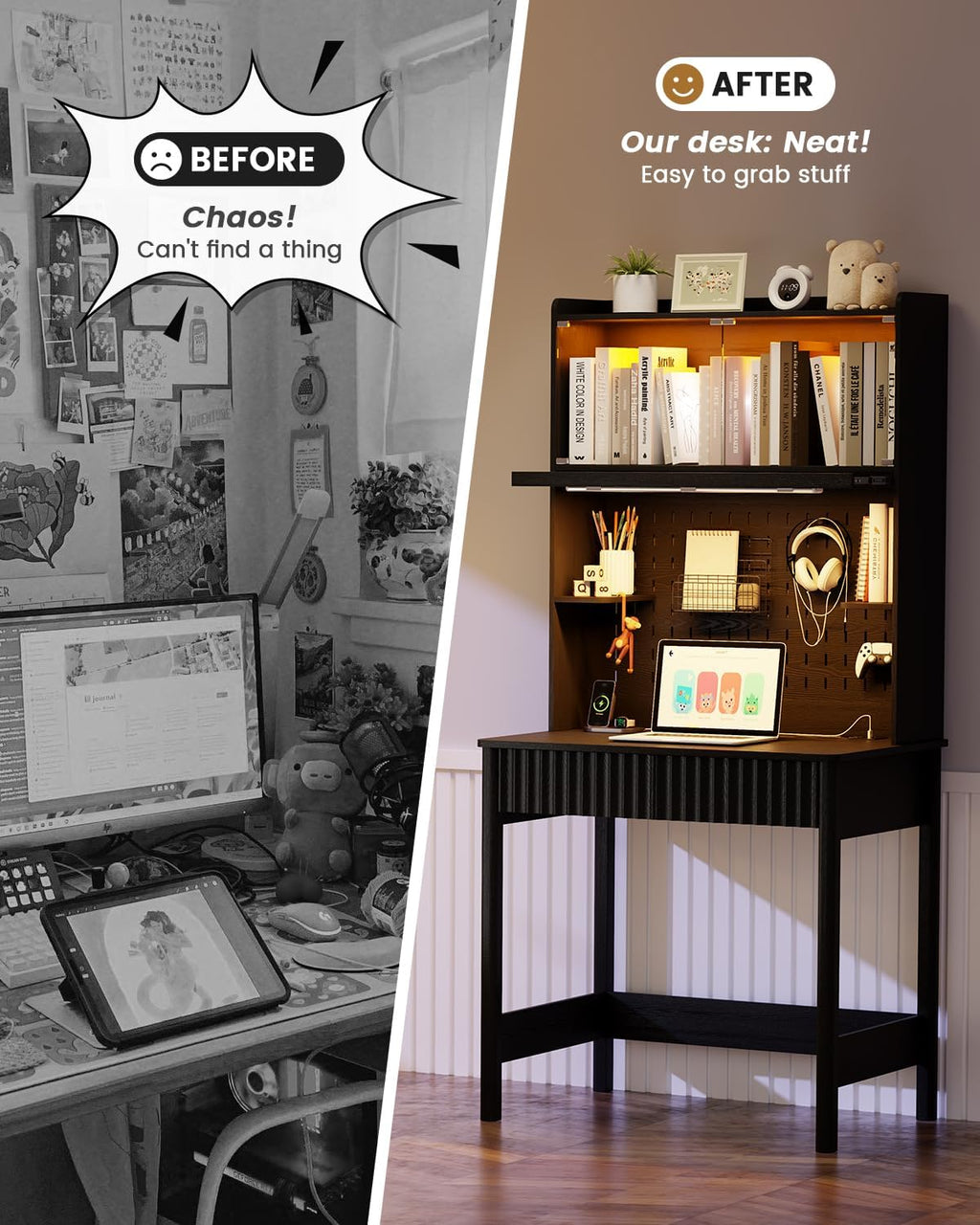HNEBC Black Computer Desk - with Power Outlets & Chariging Station,Small Writing Desk with Hutch and Drawers,66.3''H Office Desk with Pull-Out LED Lights,Pop-up Glass Door,Pegboards,Bedroom