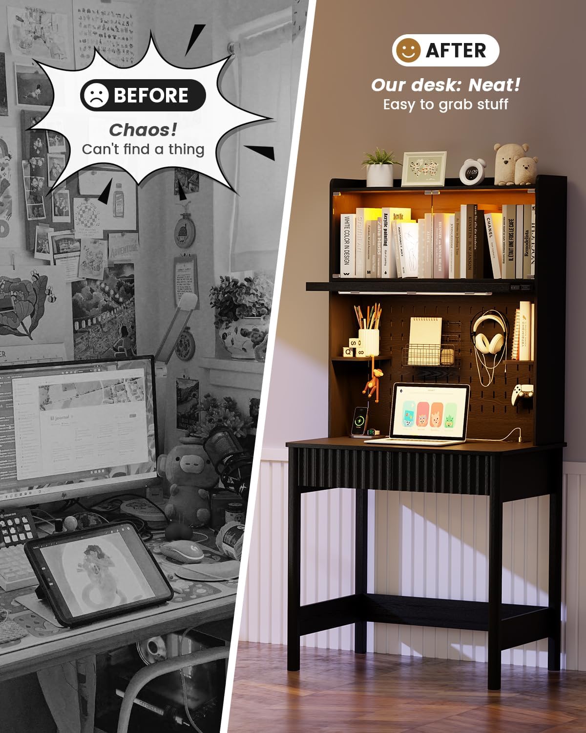 HNEBC Black Computer Desk - with Power Outlets & Chariging Station,Small Writing Desk with Hutch and Drawers,66.3''H Office Desk with Pull-Out LED Lights,Pop-up Glass Door,Pegboards,Bedroom