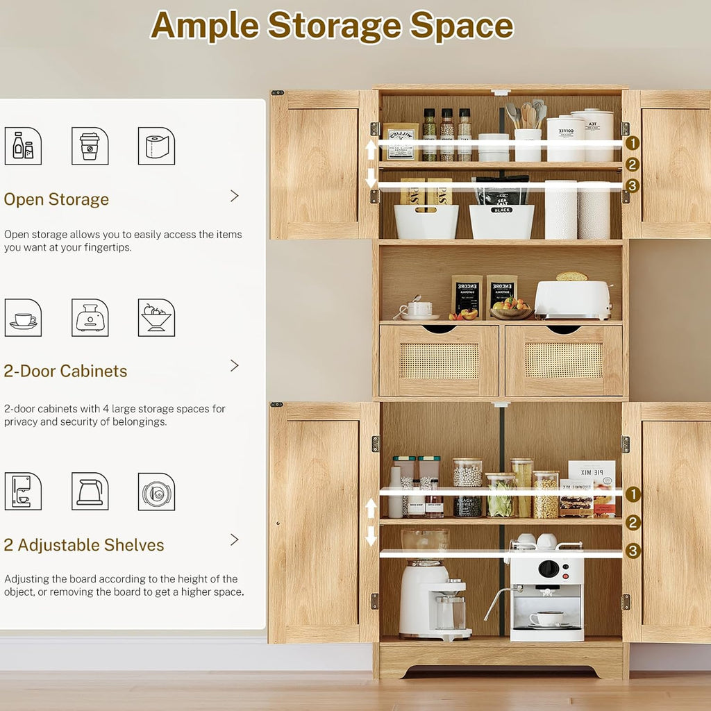 Iwell Tall Storage Cabinet with 2 Drawers & Adjustable Shelves, Rattan Cabinet, Kitchen Storage Cabinet, Pantry Cabinet with 4 Doors, Tall Cabinet for Living Room, Kitchen, Home Office, Natural