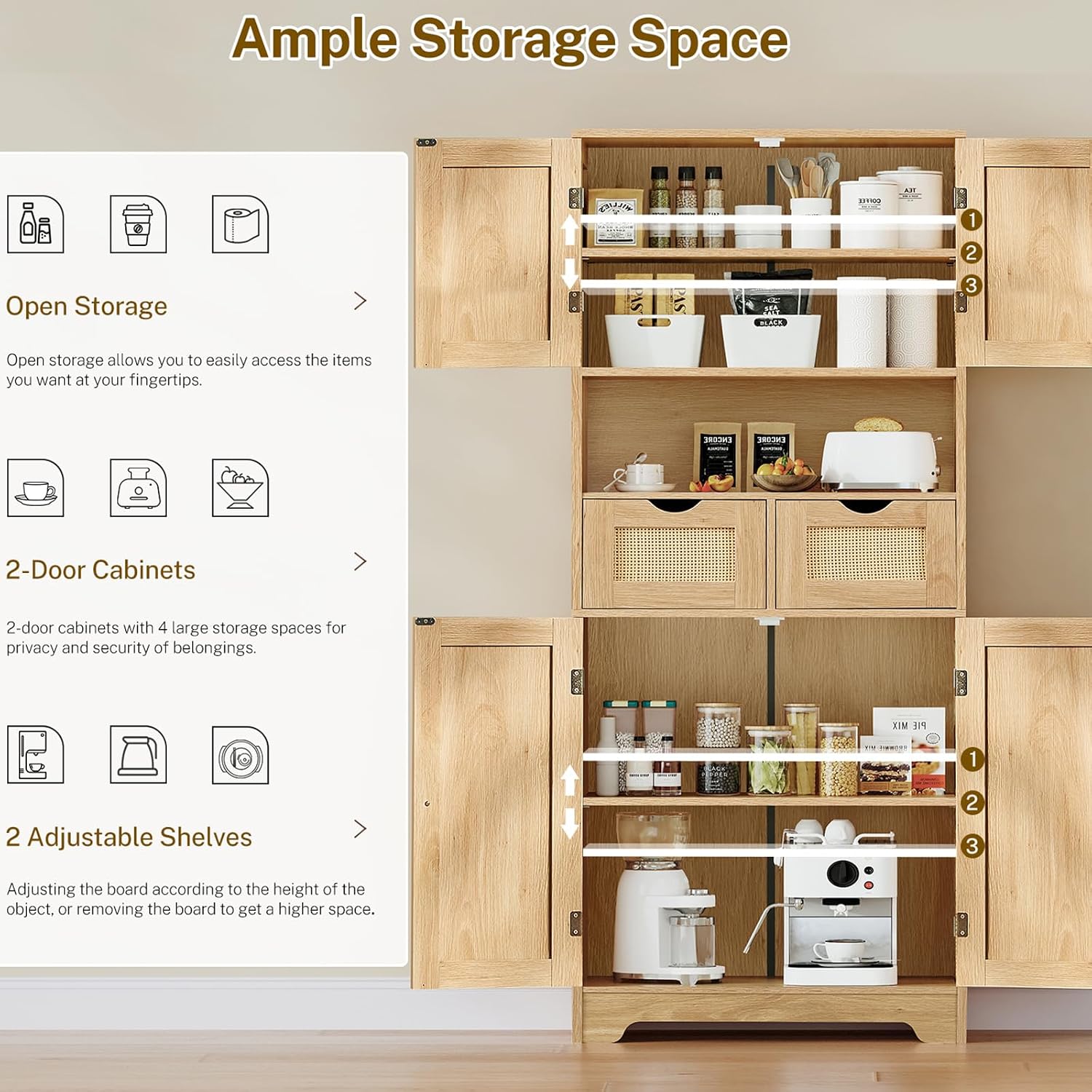 Iwell Tall Storage Cabinet with 2 Drawers & Adjustable Shelves, Rattan Cabinet, Kitchen Storage Cabinet, Pantry Cabinet with 4 Doors, Tall Cabinet for Living Room, Kitchen, Home Office, Natural