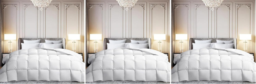 Martha Stewart White Goose Feather Down Fiber Comforter Queen Size- All Season Duvet Insert, Noiseless Fabric with 51oz Filled Luxury Cloud Fluffy Bed Comforter with 8 Corner Loops, White 90x90inch