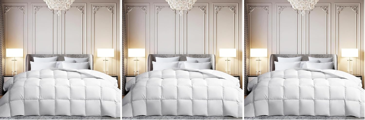 Martha Stewart White Goose Feather Down Fiber Comforter Queen Size- All Season Duvet Insert, Noiseless Fabric with 51oz Filled Luxury Cloud Fluffy Bed Comforter with 8 Corner Loops, White 90x90inch