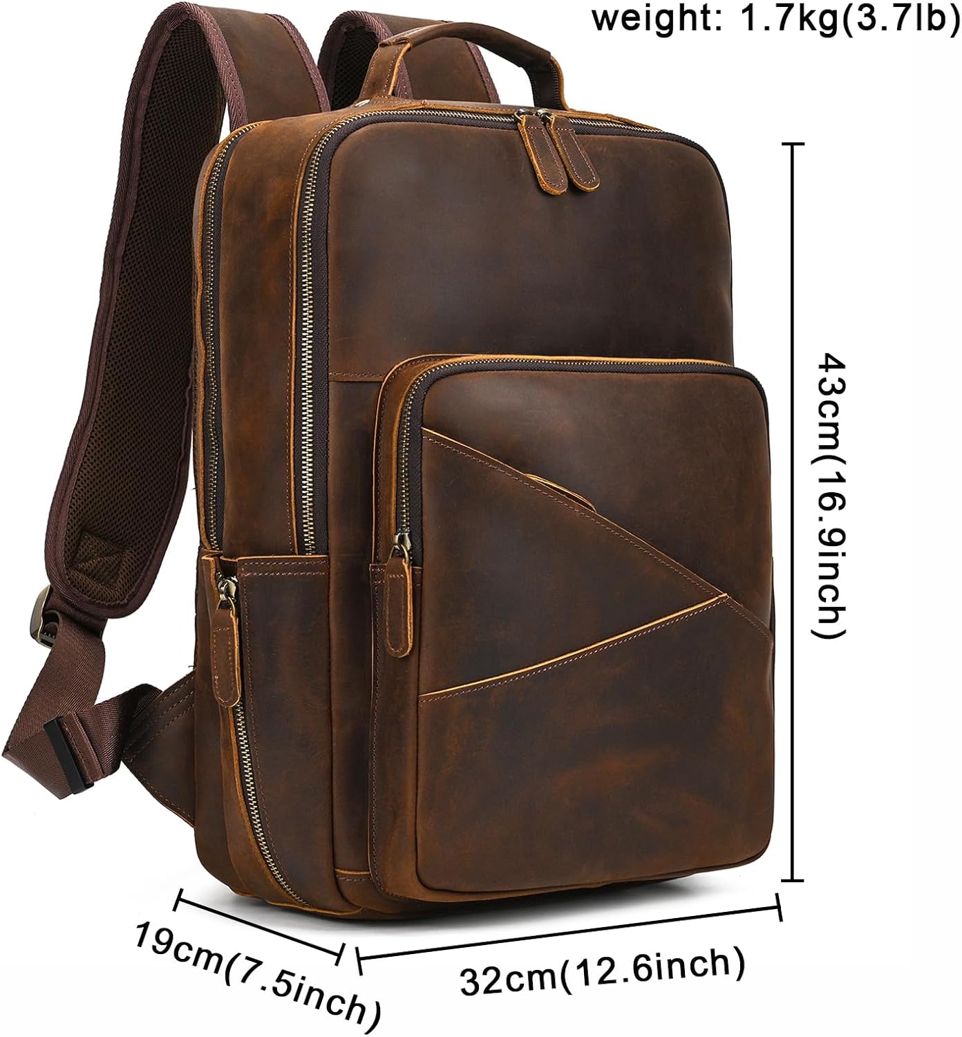 Vintage Full Grain Leather Backpack for Men, 16' Laptop Rucksack For Men Hiking Trave Work Business Bag, Brown