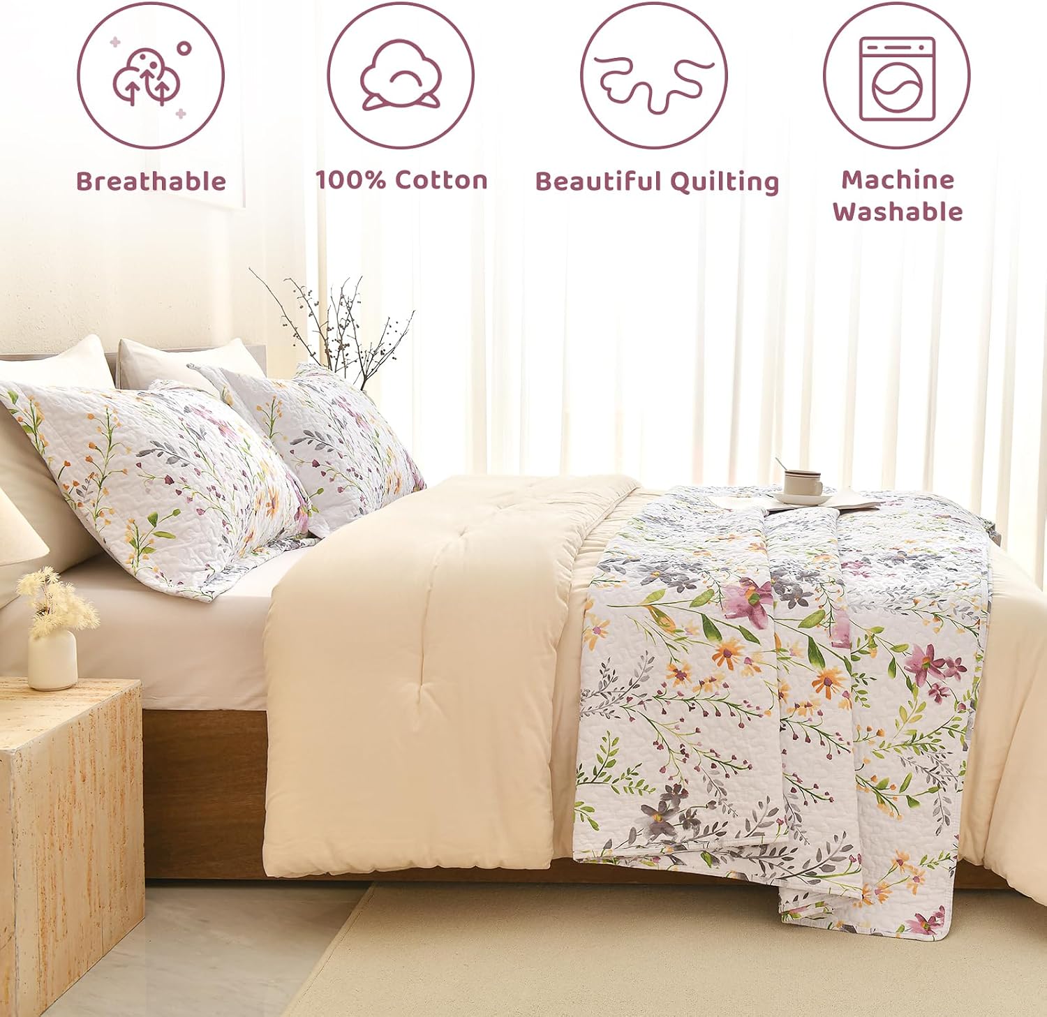 Sanracie 100% Cotton Quilt King Bedding Set(110'x98')-Floral Quilted Bedspreads Set,3pcs Yellow Wild Flower Botanical Printed Pattern Quilt Bedding Coverlet Summer Soft Lightweight Aesthetic Bedding