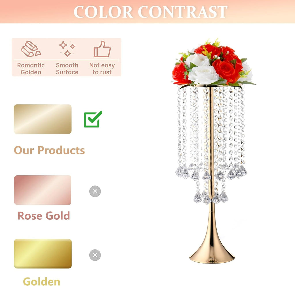 Set of 10pcs Crystal Flower Stand Gold Centerpieces Tall Metal Flower Arrangement Vase for Wedding Party Dinner Event Hotel Home Decor