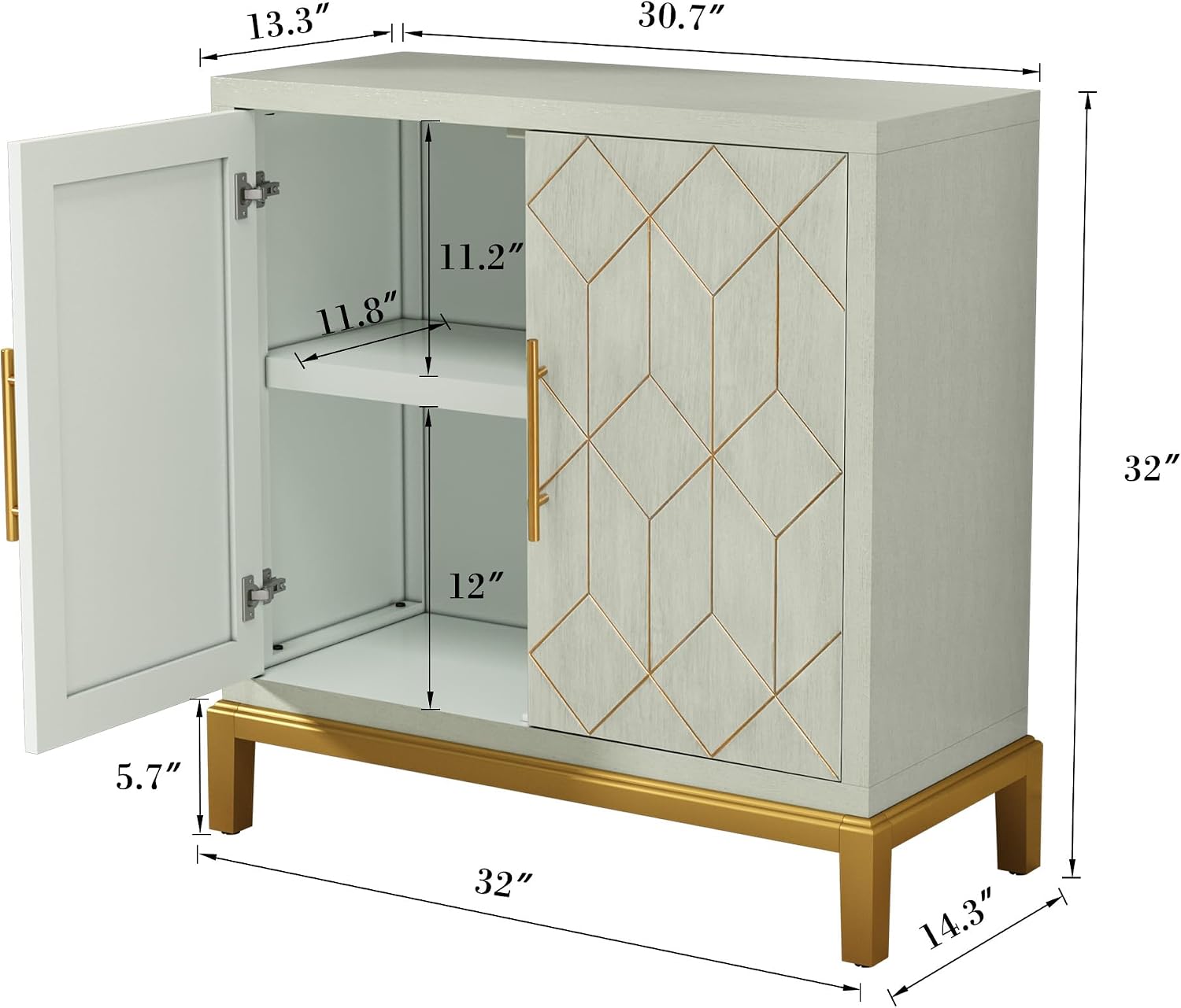 ARTPOWER Green Accent Cabinet with Doors, Modern Wooden Sideboard, Carved Decorative Storage Cabinets for Living Room, Kitchen, Office, and Hallway, Green with Gold Legs