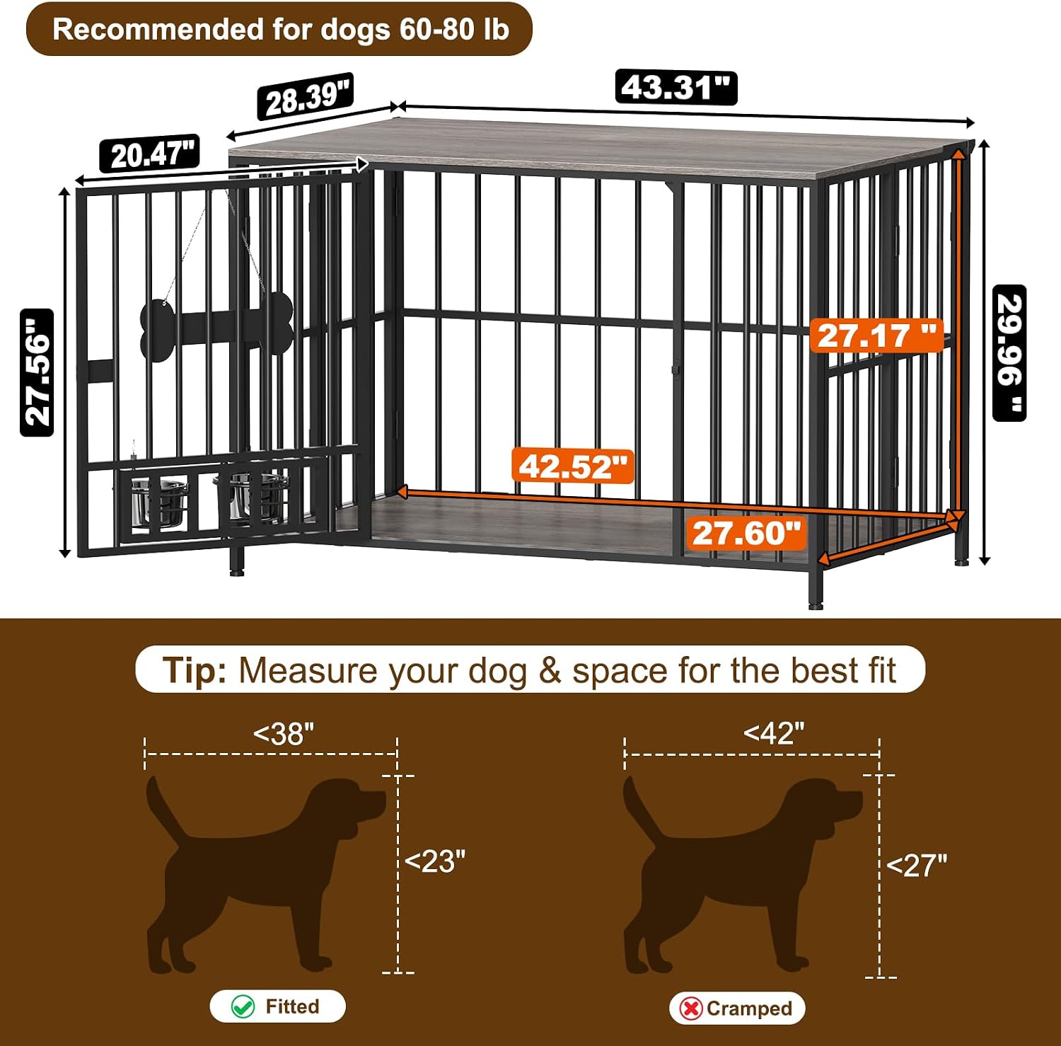 Easycom 43' Dog Crate Furniture Foldable, No Assembly Decorative Dog Kennel Indoor, XL Dog Crates for Large Dogs (60-80 lbs), Wooden Dog Cage with Adjustable Bowls and Name Tag, Oak Grey
