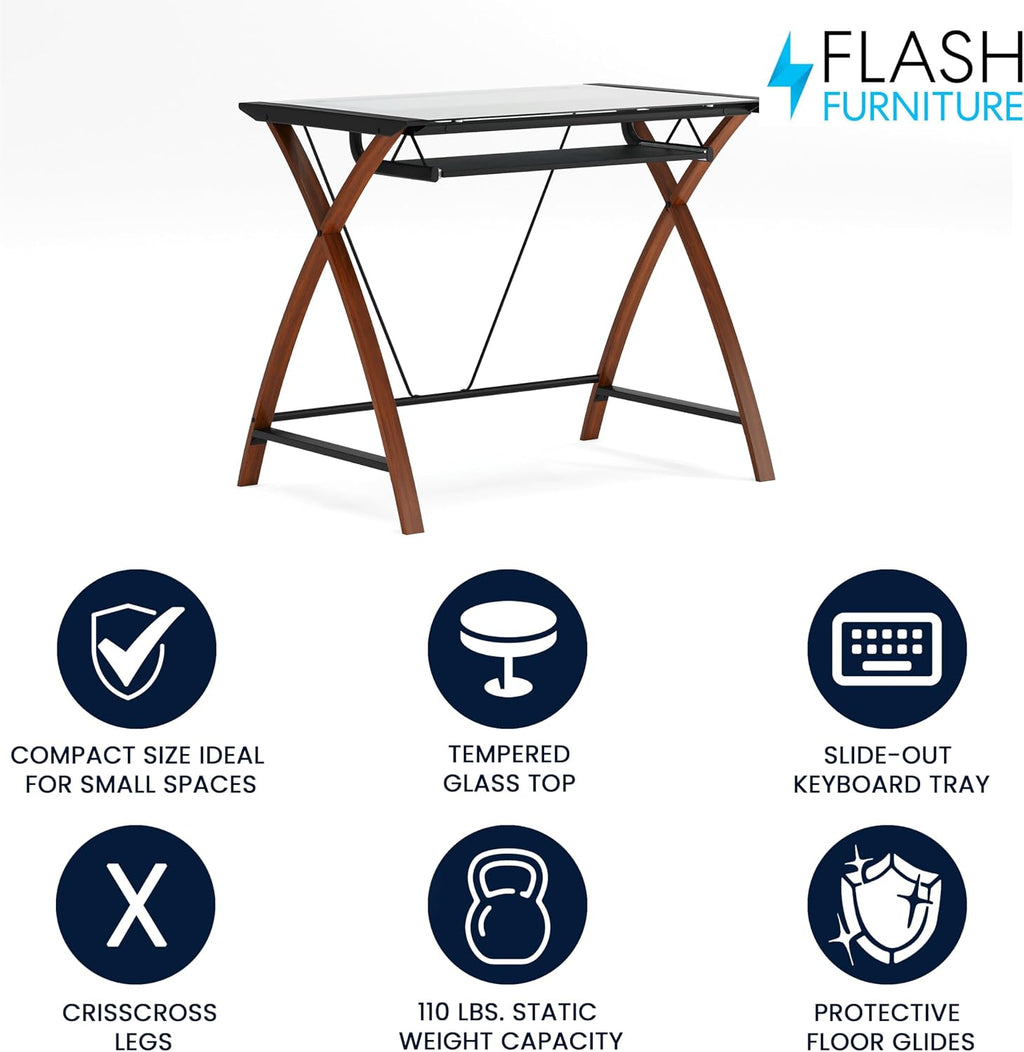 Flash Furniture Jude Tempered Glass Computer Desk with Pull-Out Keyboard Tray and Crisscross Frame, Small Computer Desk for Home Office, Cherry/Clear
