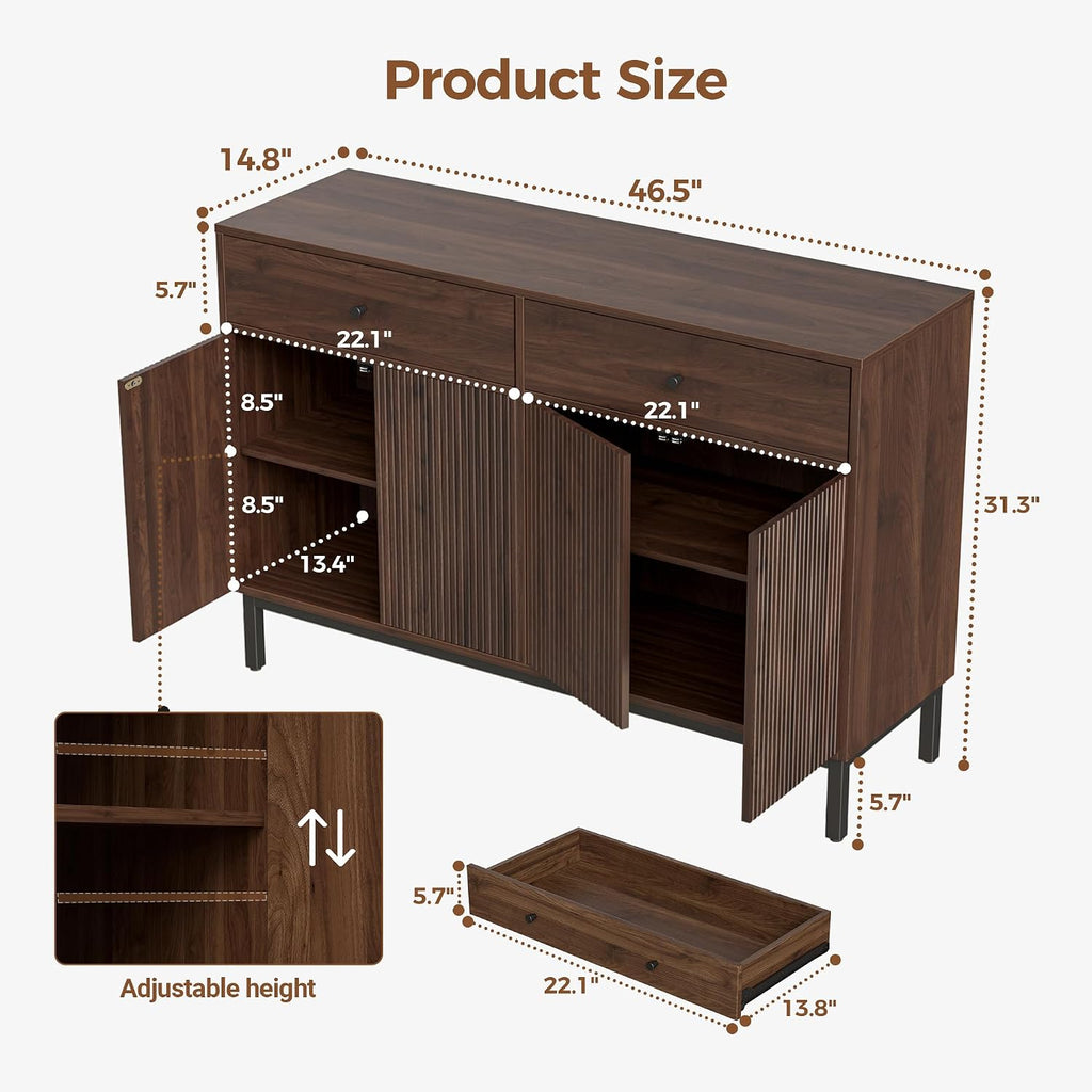 Mericonia Farmhouse Buffet Sideboard Cabinet with Storage, Fluted Coffee Bar with Doors and Adjustable Shelves, Modern Wood Console Cabinet with Drawers (4 Door, Walnut 2 Drawer)