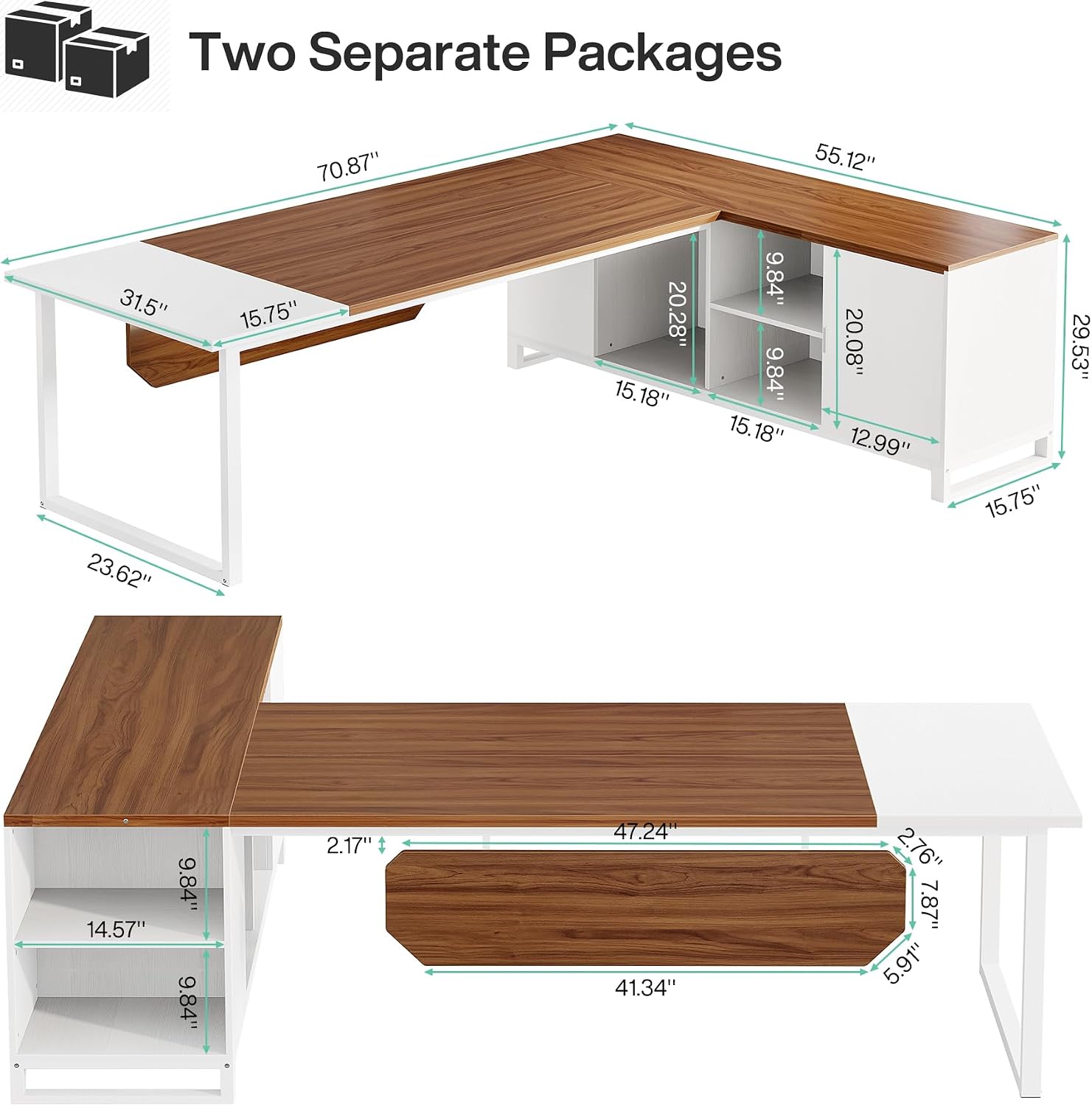 Tribesigns 70.8-Inch Executive Desk with 55-Inch File Cabinet, Large L Shaped Computer Desk with Storage Cabinet and Shelves, Modern L-Shaped Desk for Home Office, Walnut & White