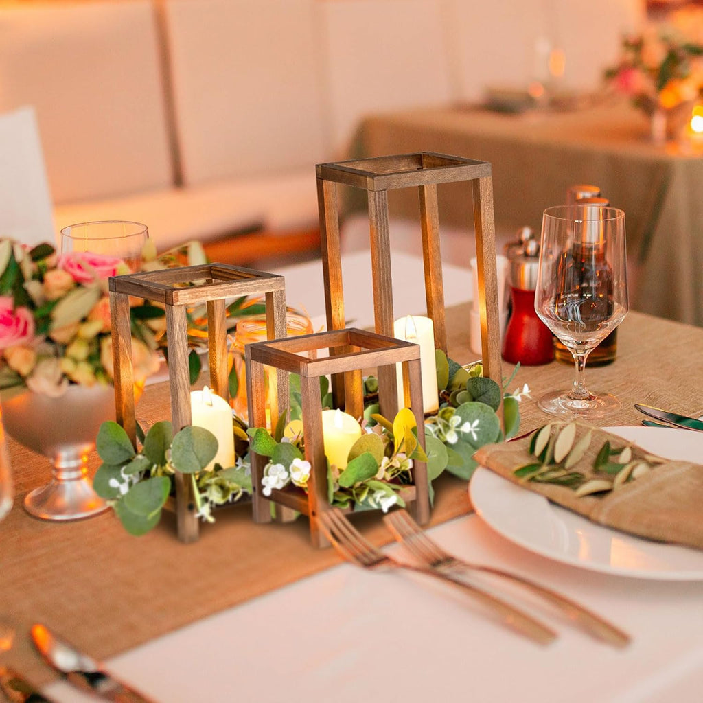 Geelin 12 Set 7.87'', 10.59'', 13'' Brown Wooden Lanterns for Wedding Centerpieces Include 12 Wooden Lantern 12 LED Candle 12 Eucalyptus Leaves Wreath for Wedding Baby Shower Farmhouse Table Decor