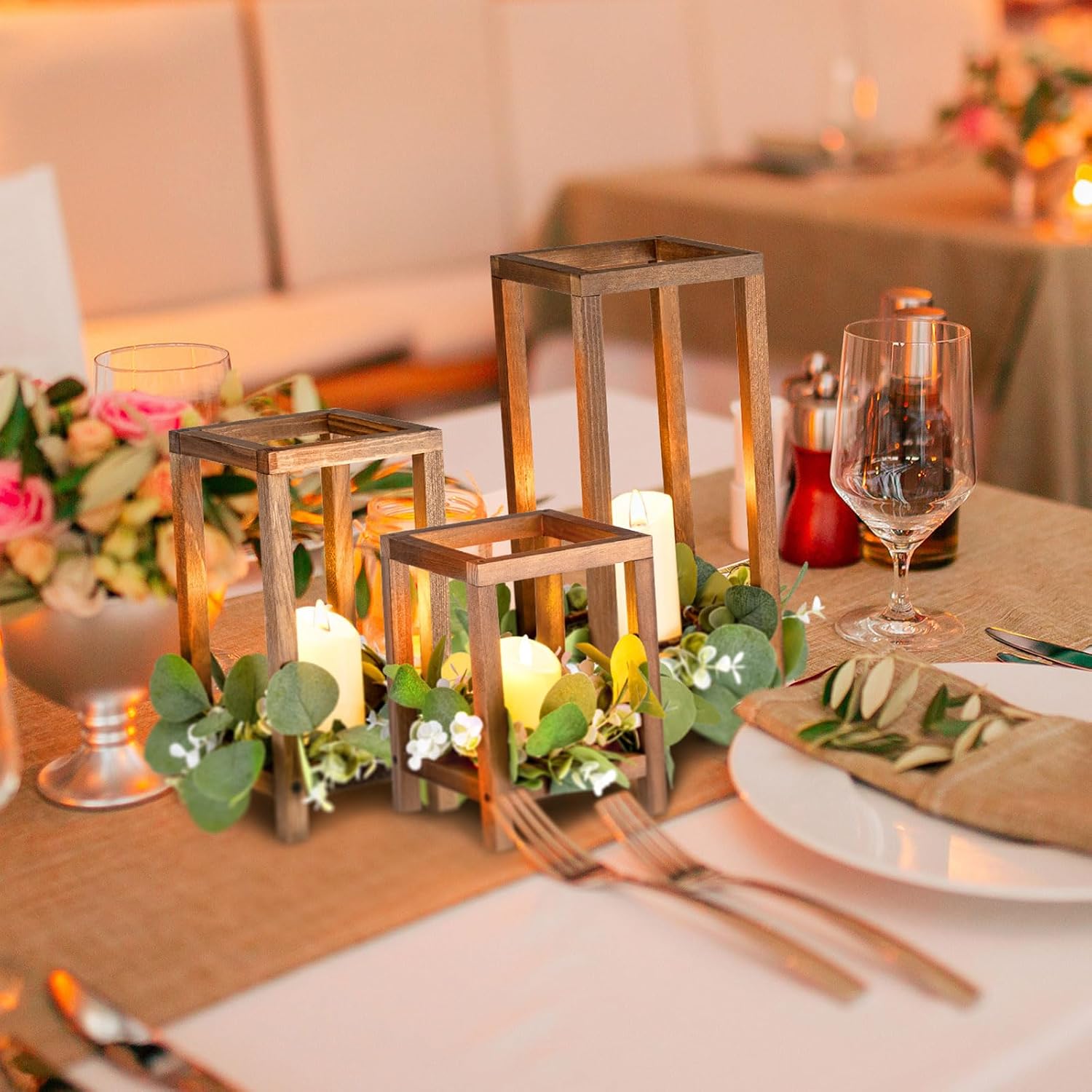 Geelin 12 Set 7.87'', 10.59'', 13'' Brown Wooden Lanterns for Wedding Centerpieces Include 12 Wooden Lantern 12 LED Candle 12 Eucalyptus Leaves Wreath for Wedding Baby Shower Farmhouse Table Decor