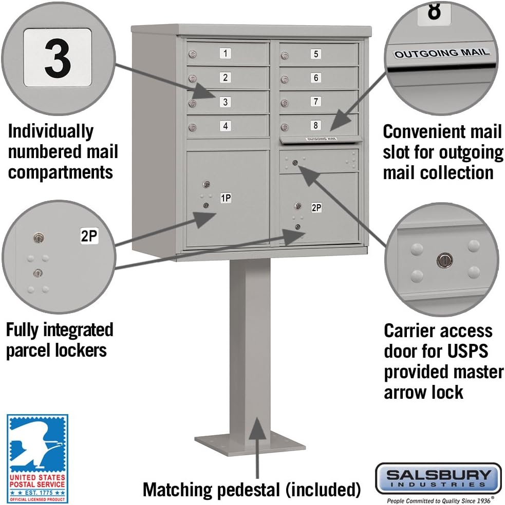 Salsbury Industries 3308GRY-U 8 A Size Doors,Type I Cluster Box Unit, Gray, for use with The USPS Lock