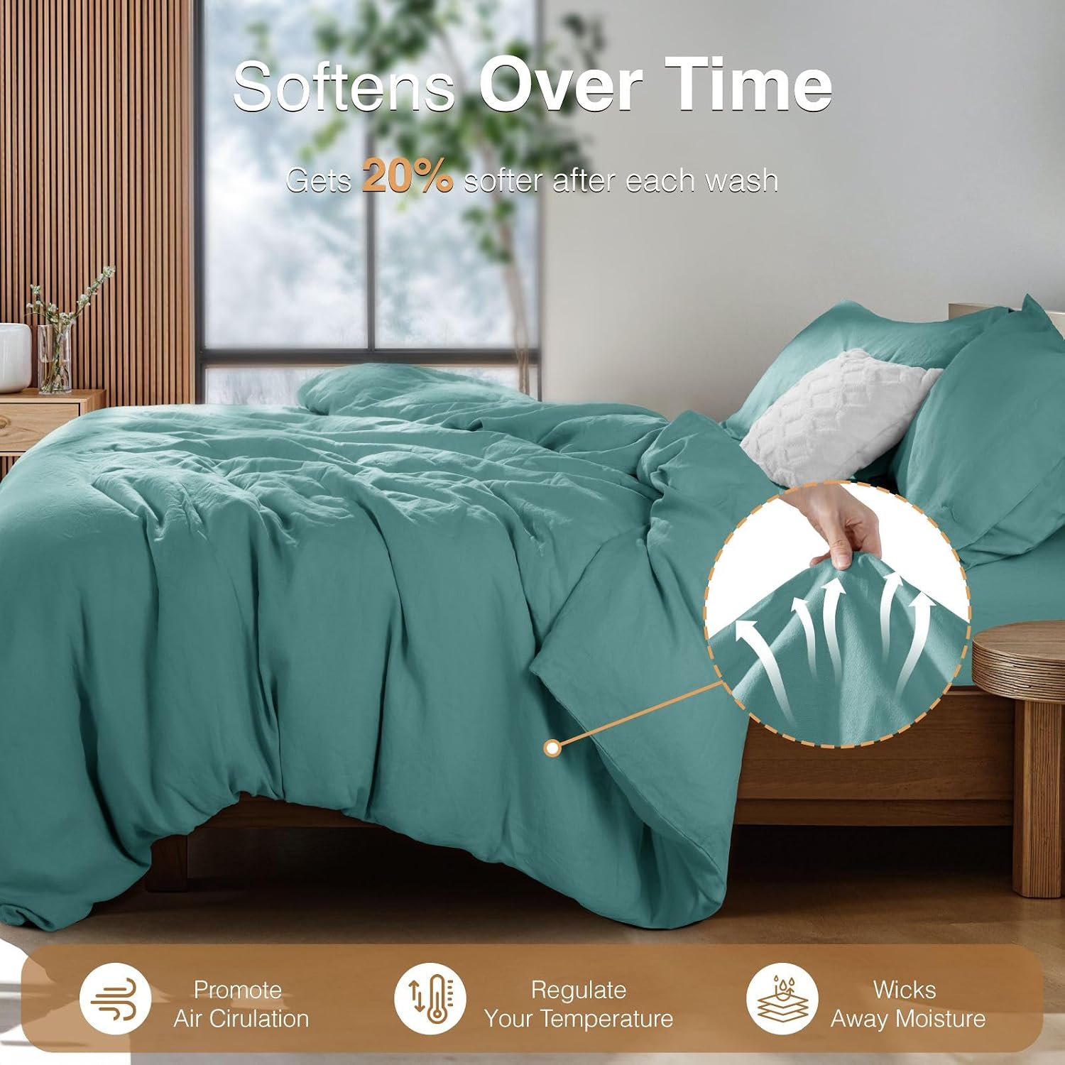 SONORO KATE 100% French Linen Duvet Cover Queen Size, Soft Breathable for Hot Sleepers, Moisture Wicking & Durable Cover Set - Zipper Closure & 4 Corner Ties Duvet Covers 3 Piece (Aqua,Queen)