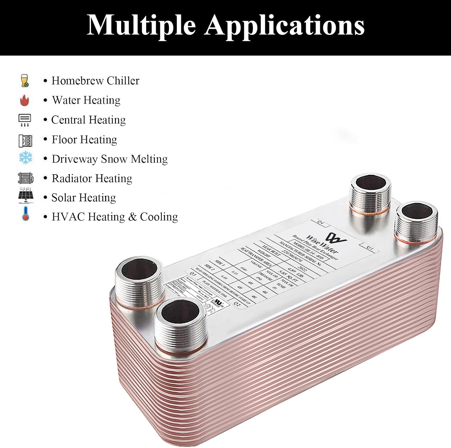 Brazed Plate Heat Exchanger Stainless Steel SS316L 3'x8' 26 Plates 3/4' MPT 210,000 BTU/hr Hydronic Heating