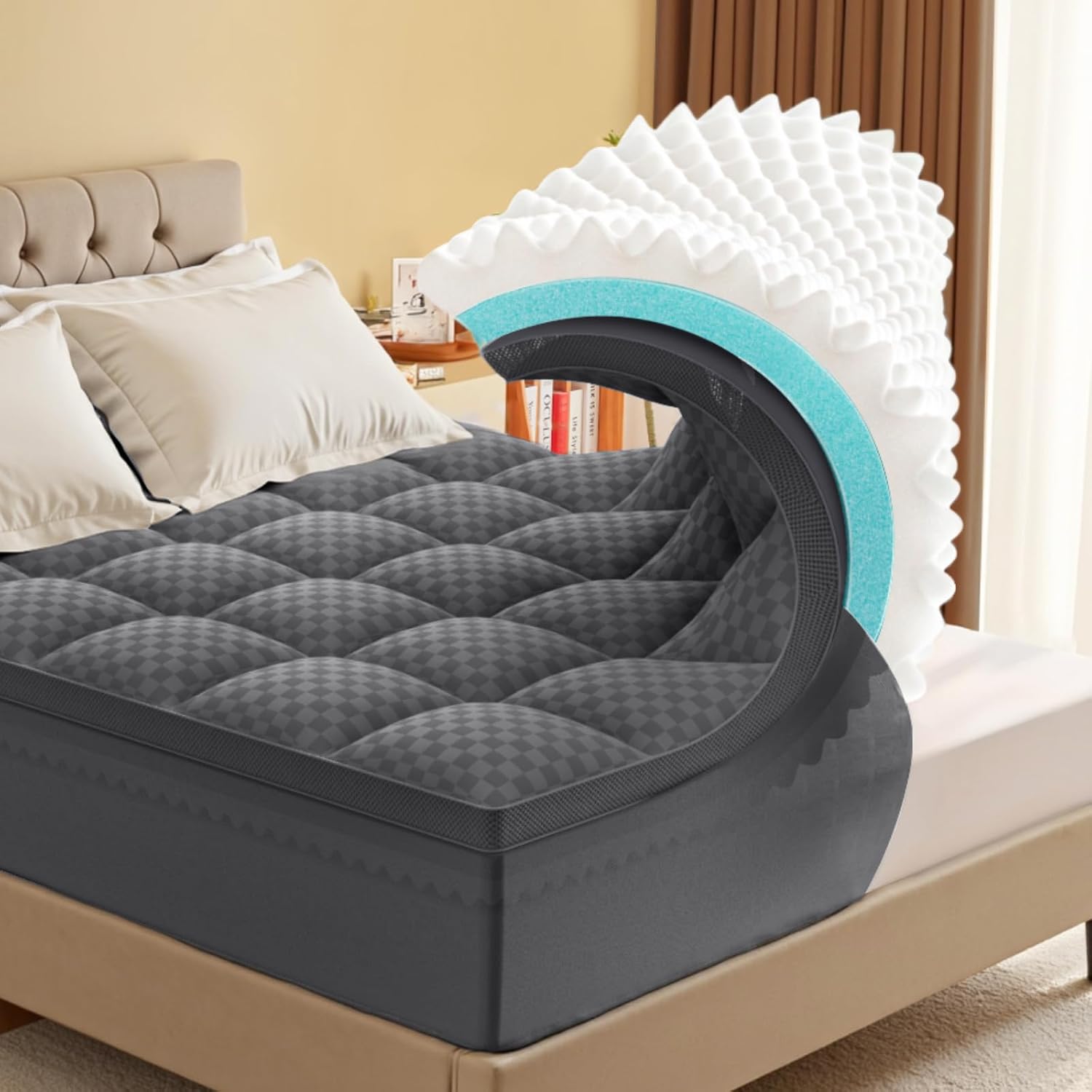Twin XL Mattress Topper, 4.5 Inch Memory Foam Mattress Topper for Back Pain - 2.5' Cooling Memory Foam Soft and Supportive + 2' Pillow Top Mattress Pad Cover, with 8-21' Deep Pocket, Dark Gray