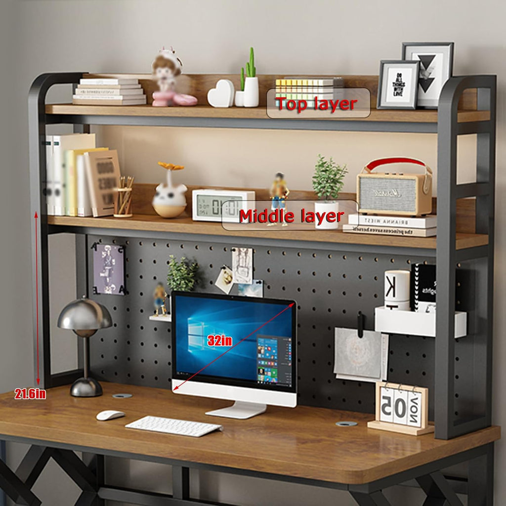 47in Computer Desk with Pegboard，Gaming Desk with Bookshelf Combo, Large Writing Table with Desktop Shelves, Ample Leg Room, for Home Office (White, 47in)
