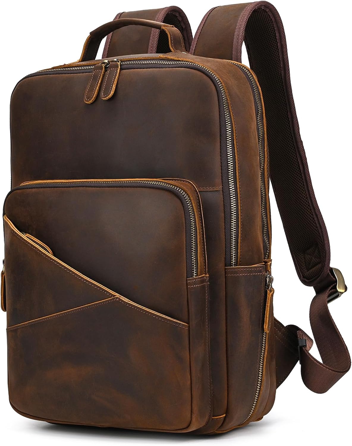 Vintage Full Grain Leather Backpack for Men, 16' Laptop Rucksack For Men Hiking Trave Work Business Bag, Brown