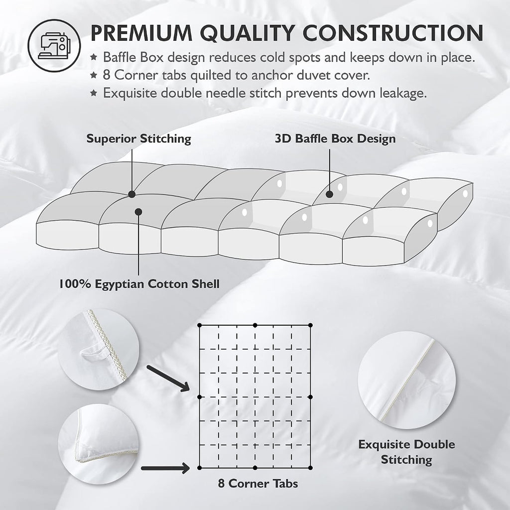 Luxurious Full Size Goose Down Fiber Waterfowl Feather Fiber Comforter Duvet, 100% Egyptian Cotton Cover, 45 oz. Fill Weight, Baffle Box Design, White Solid