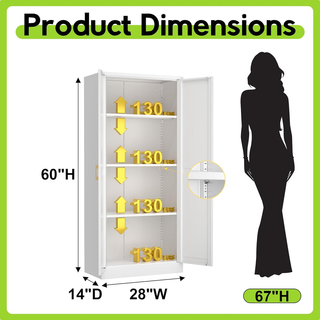 UNICOLY Metal Kitchen Pantry Cabinet, Storage Cabinet with Doors and Shelves, Cupboard with Adjustable Leveling Foot, for Laundry, Living Room, Bathroom, Dinning Room, Assembly Required, White 60' H
