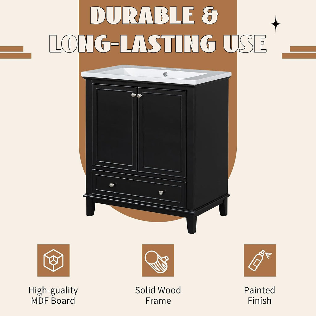 Flieks 30' Bathroom Vanity with Sink Combo, Multi-Functional Bathroom Cabinet with Doors and Drawer, Solid Frame and MDF Board, Black