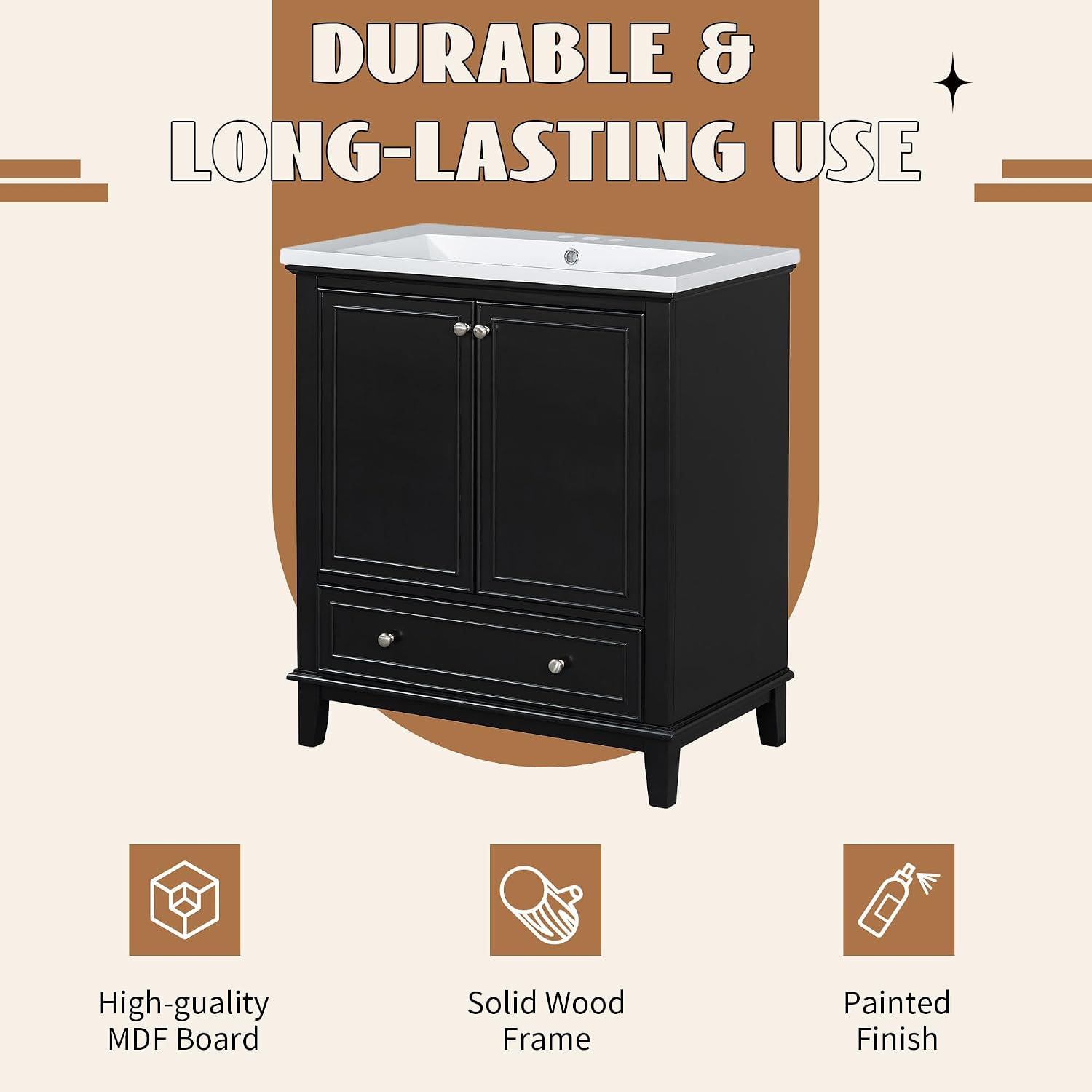 Flieks 30' Bathroom Vanity with Sink Combo, Multi-Functional Bathroom Cabinet with Doors and Drawer, Solid Frame and MDF Board, Black