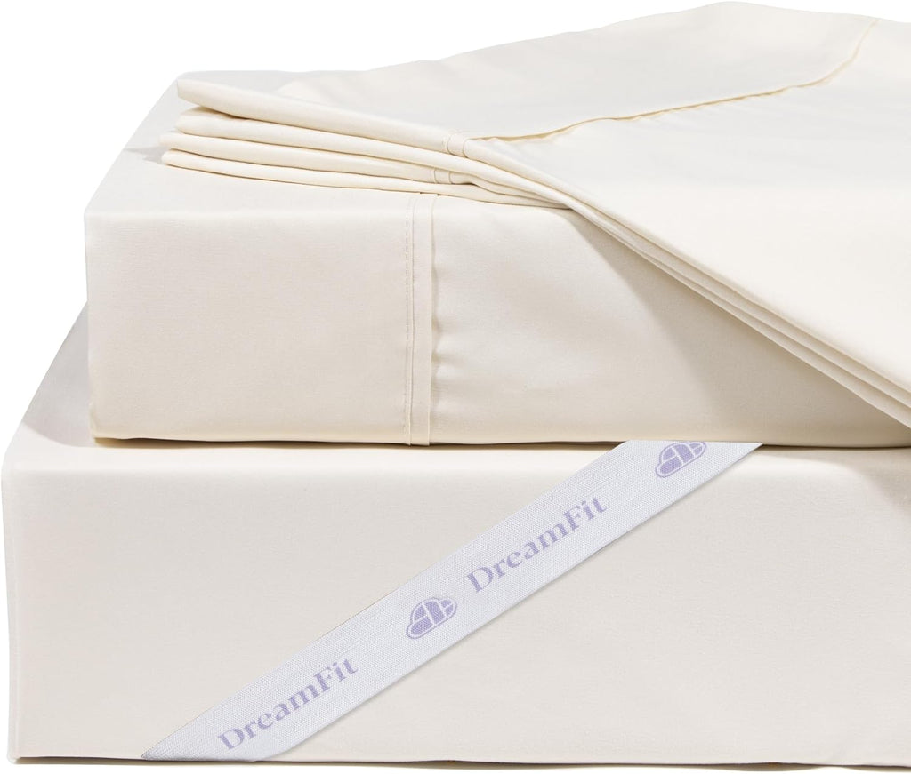 DreamFit DreamChill Cooling Bamboo Viscose Sheets For Hot Sleepers With Elastic Corner Straps 20 inch Extra Deep Pocket Breathable Silky Soft 100% Crafted in USA Queen Sheet Set Ivory