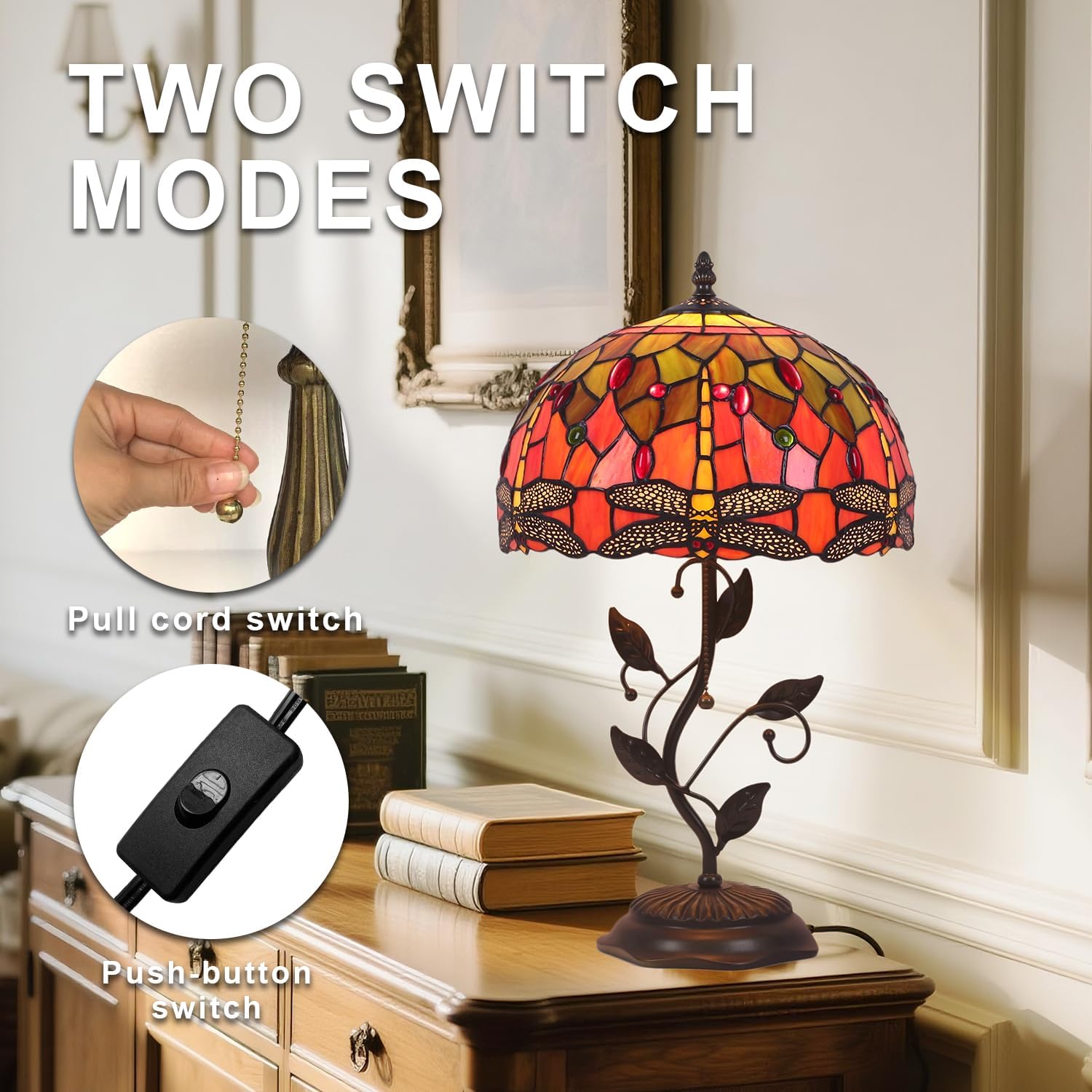 Tiffany Table Lamp, Stained Glass Lamp, 12x12x19 Inch, Metal Leaf Base Decor Lamp for Bedroom、Living Room、Home、Office (Dragonfly)