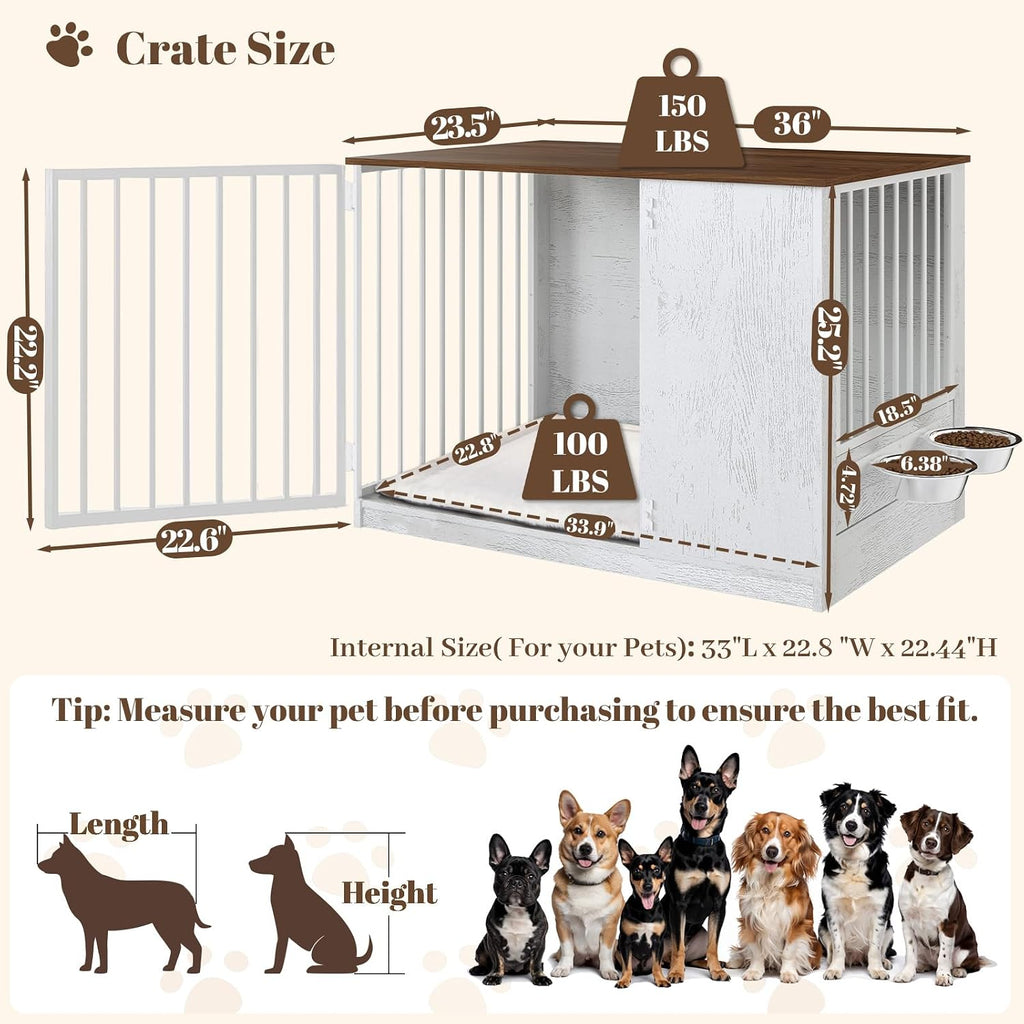 TBWIND Dog Crate Furniture for Large Dogs, 36' Indoor Wooden Dog Kennel with 270° Swivel Door & 360° Rotating Feeder, Decorative Heavy Duty Dog House with Double Locks & Bowls, White