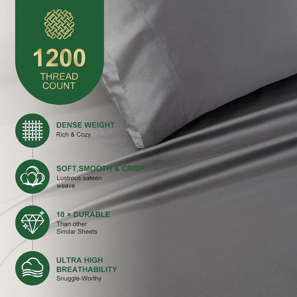 Ivelow 100% Egyptian Cotton Sheets California King Size - 1200 Thread Count 6PC 18' Deep Pocket Cal King Size Bed Sheet Set，Durable Hotel Quality Luxury Soft Breathable Grey Cooling Sheet Sets Bedding