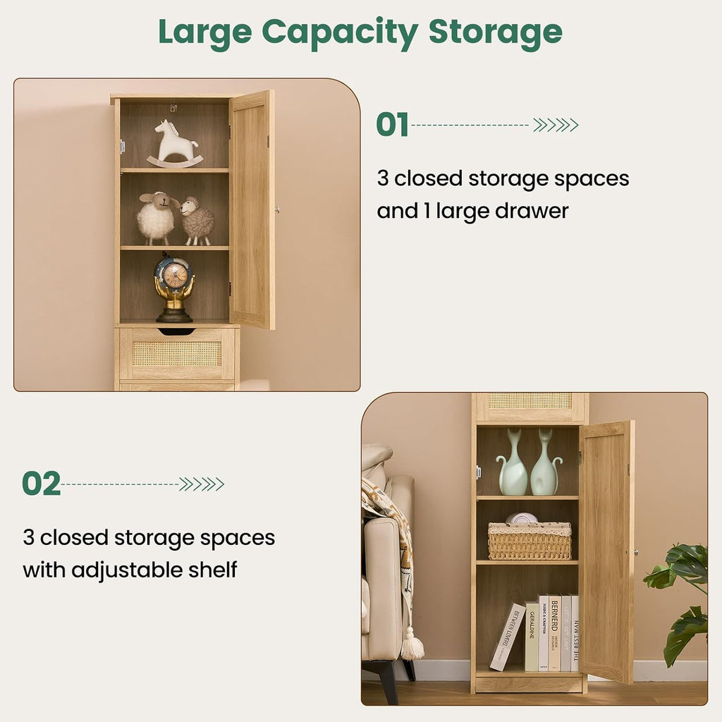 Iwell Tall Narrow Storage Cabinet with Doors, Rattan Cabinet with Adjustable Shelves, Freestanding Linen Storage for Living Room, Entryway, Kitchen, Bathroom, Natural